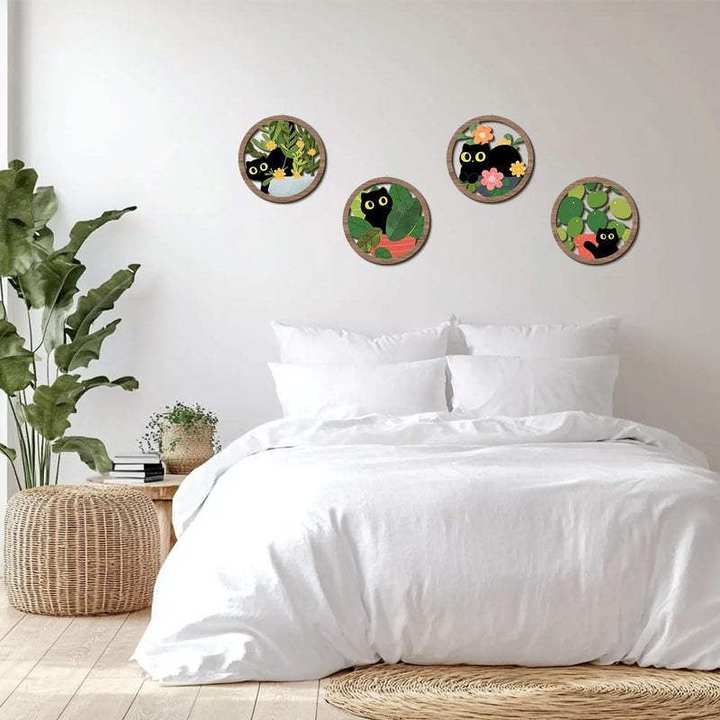 XFN 4PCs 3D Cat Hanging Wooden Wall Art Plant Kitten Wall Decor, Botanical Wall Decor, Cat Lover Gifts, Floral Leaves Cat Wooden Sign Wood Art Wood Plaque Home Decor for Living Room Bedroom Farmhouse - Image 5